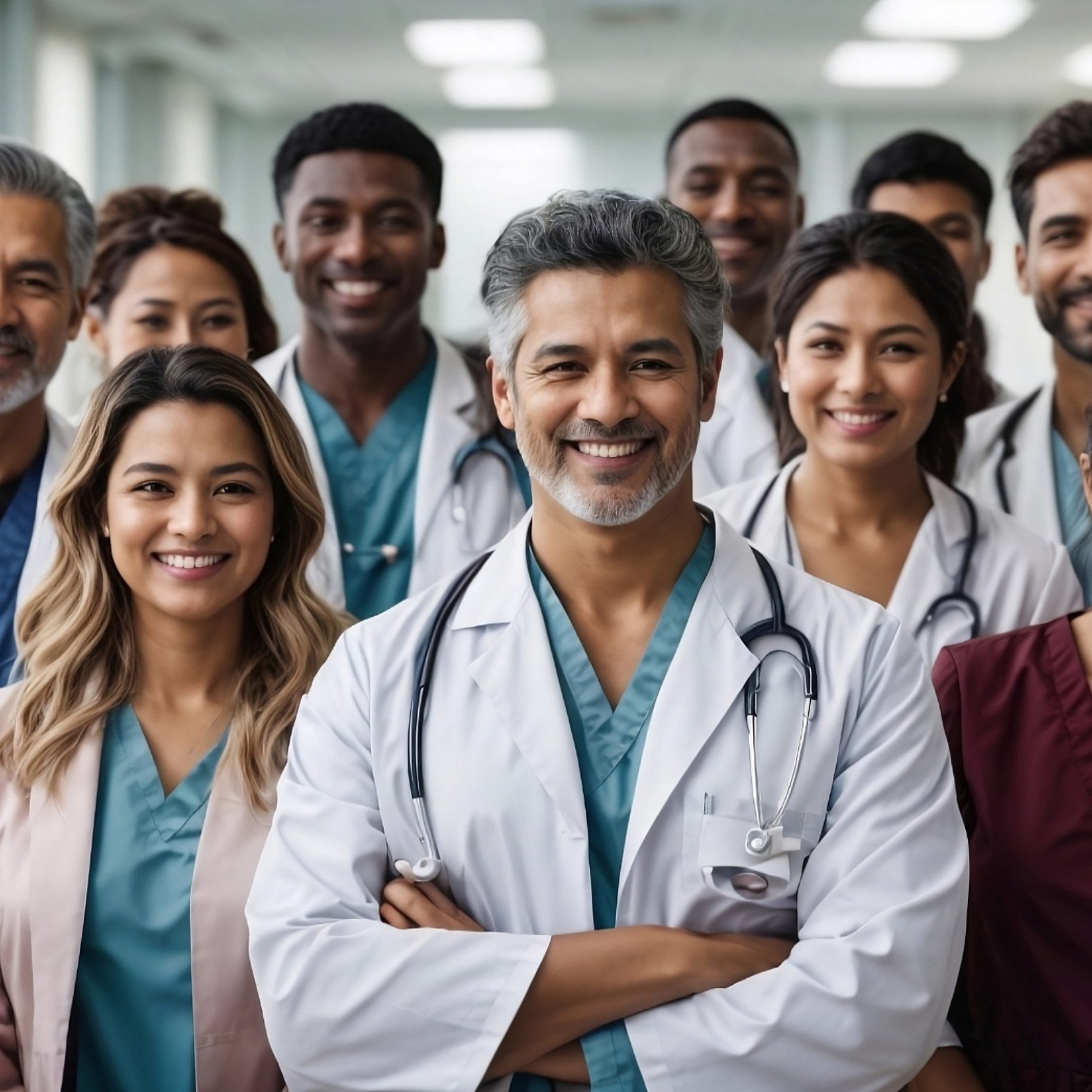 Diverse multiracial, multiethnic medical team of doctors and nurses in the hospital. Group portrait of happy, professional colleagues, healthcare co-workers in clinic. Diversity, equity, inclusion.