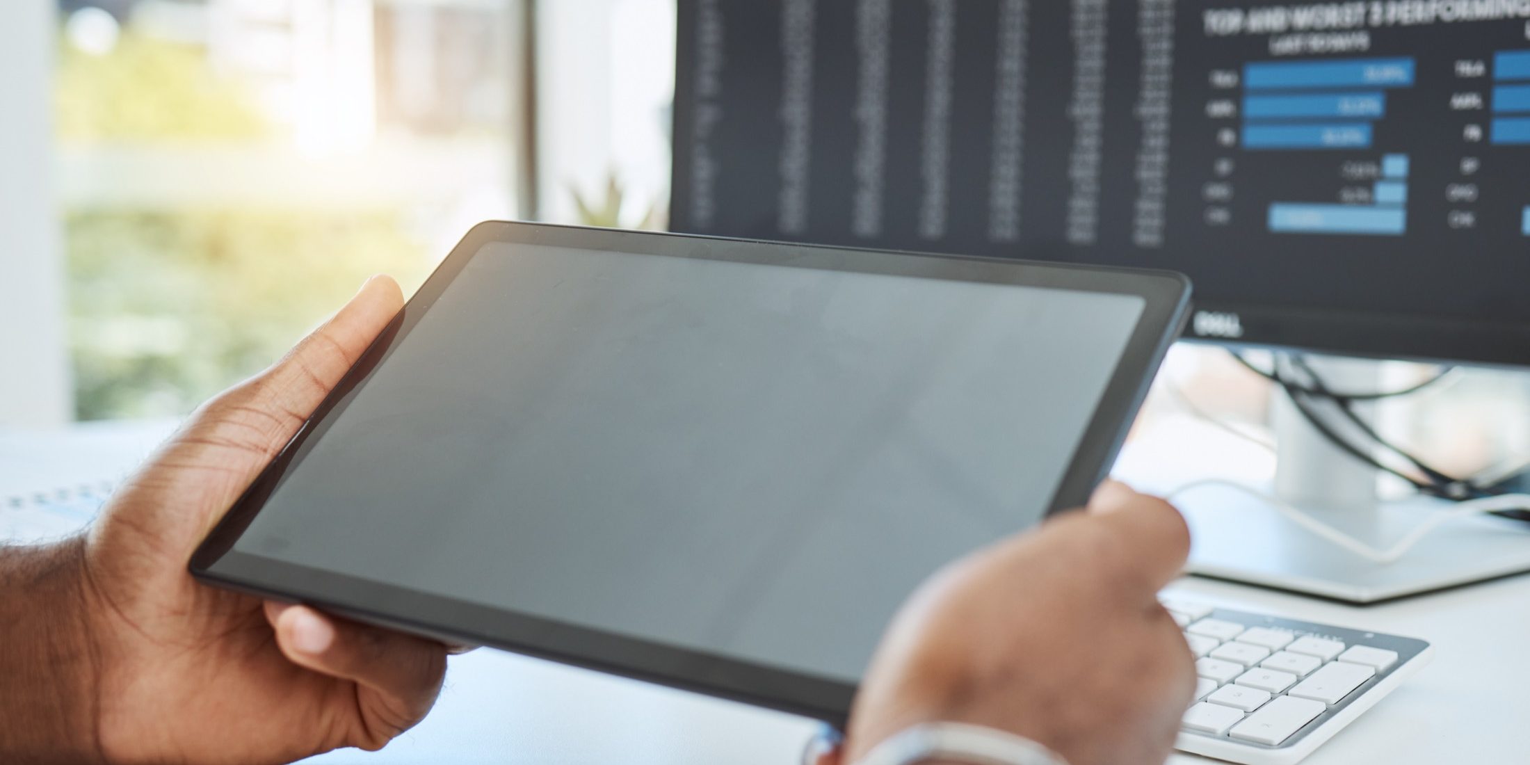 Business, hands and mockup with a tablet, analytics and update software with network, connection and check system. Closeup, technology and computer with internet search, data analysis and programming