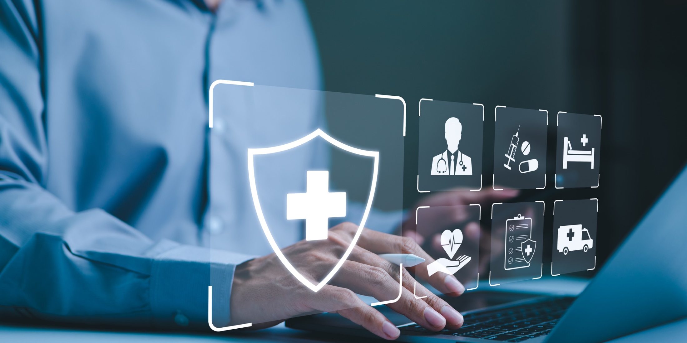 Healthcare and Medical Technology. Businessman use laptop with digital healthcare icons for medical records, insurance, patient care, pharmaceuticals, modern medical technology, health services,